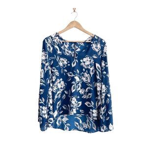 Lush Womens Blouse Long Sleeve V Neckline Floral Blue Medium